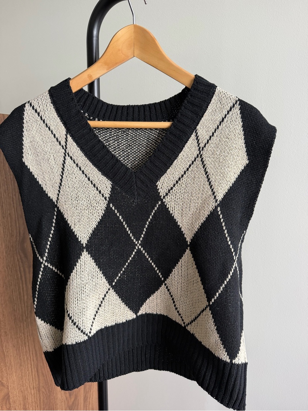 Vintage Black & White Argyle Print V-Neck Knit Sweater Vest Size M/L